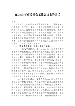 在2025年市委社会工作会议上的讲话