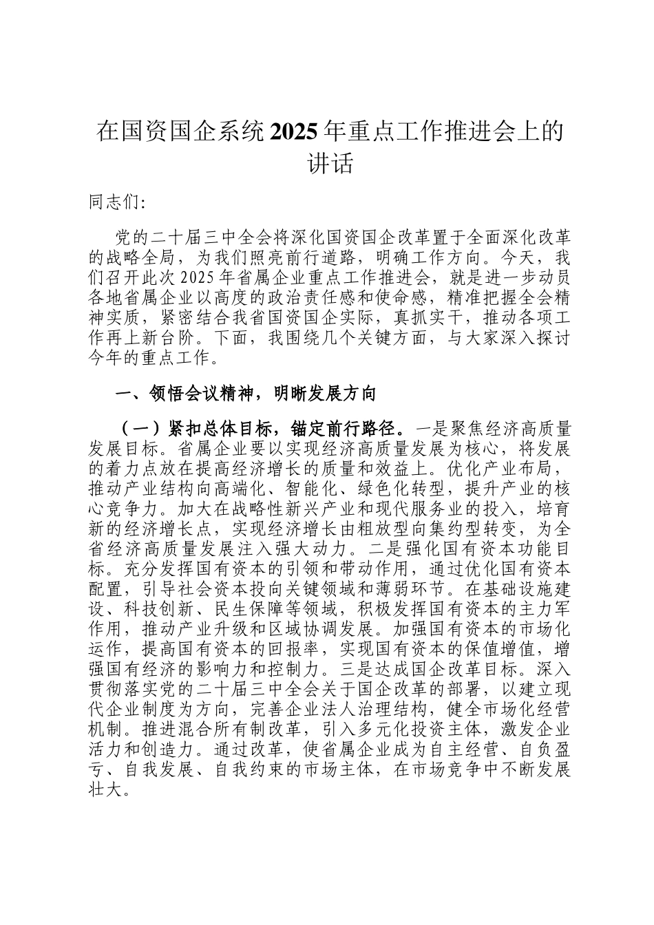 在国资国企系统2025年重点工作推进会上的讲话_第1页
