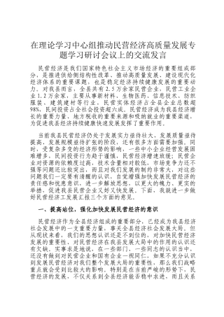 在理论学习中心组推动民营经济高质量发展专题学习研讨会议上的交流发言