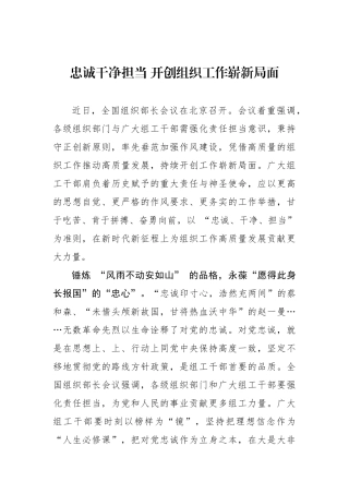 忠诚干净担当 开创组织工作崭新局面