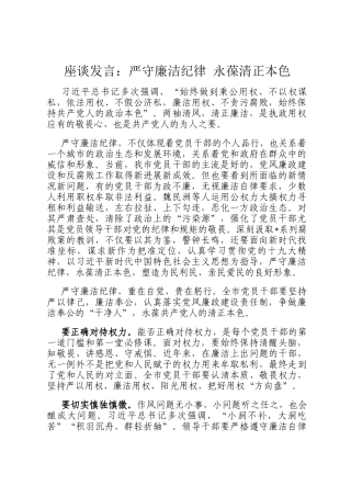 座谈发言：严守廉洁纪律 永葆清正本色