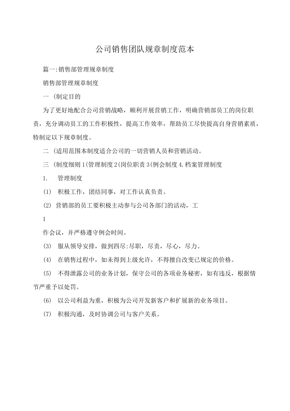 公司销售团队规章制度范本_第1页