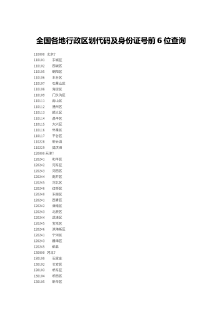 身份证前6位地区对照表