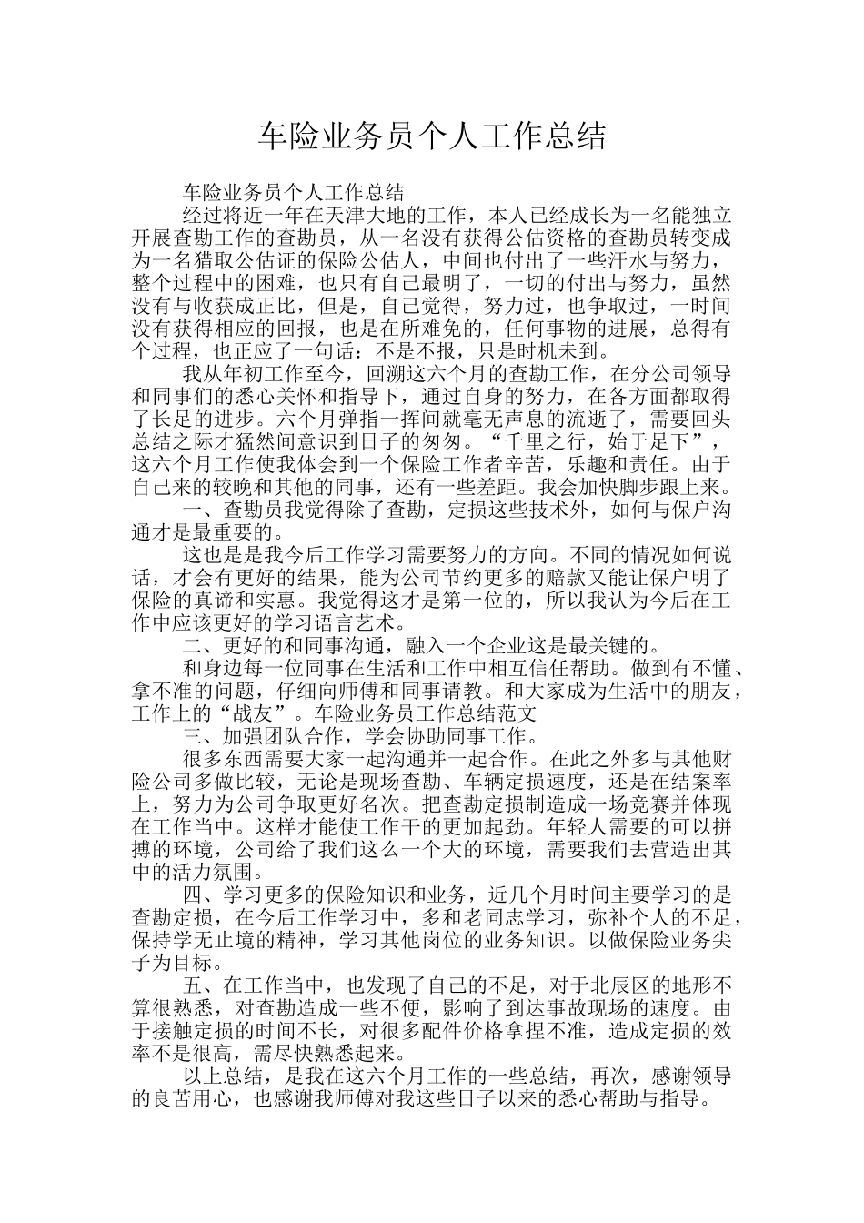 车险业务员个人工作总结_第1页