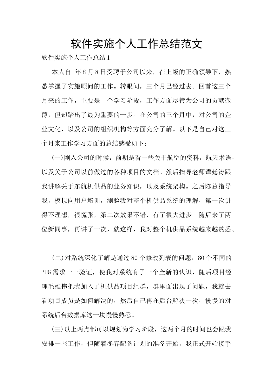 软件实施个人工作总结范文_第1页