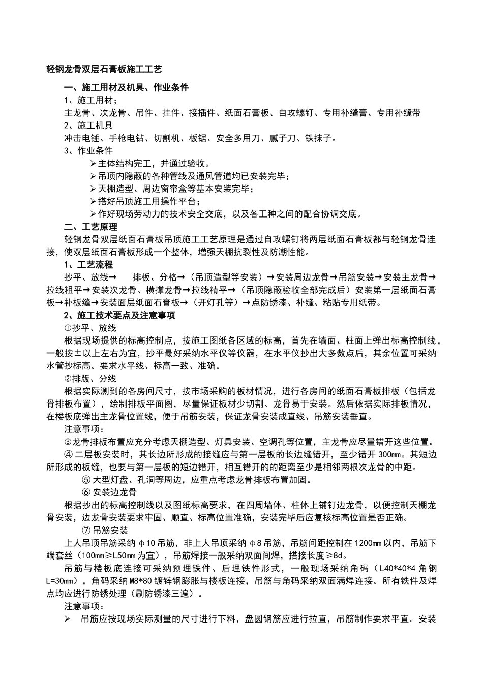 轻钢龙骨、双层石膏板吊顶施工方案_第1页