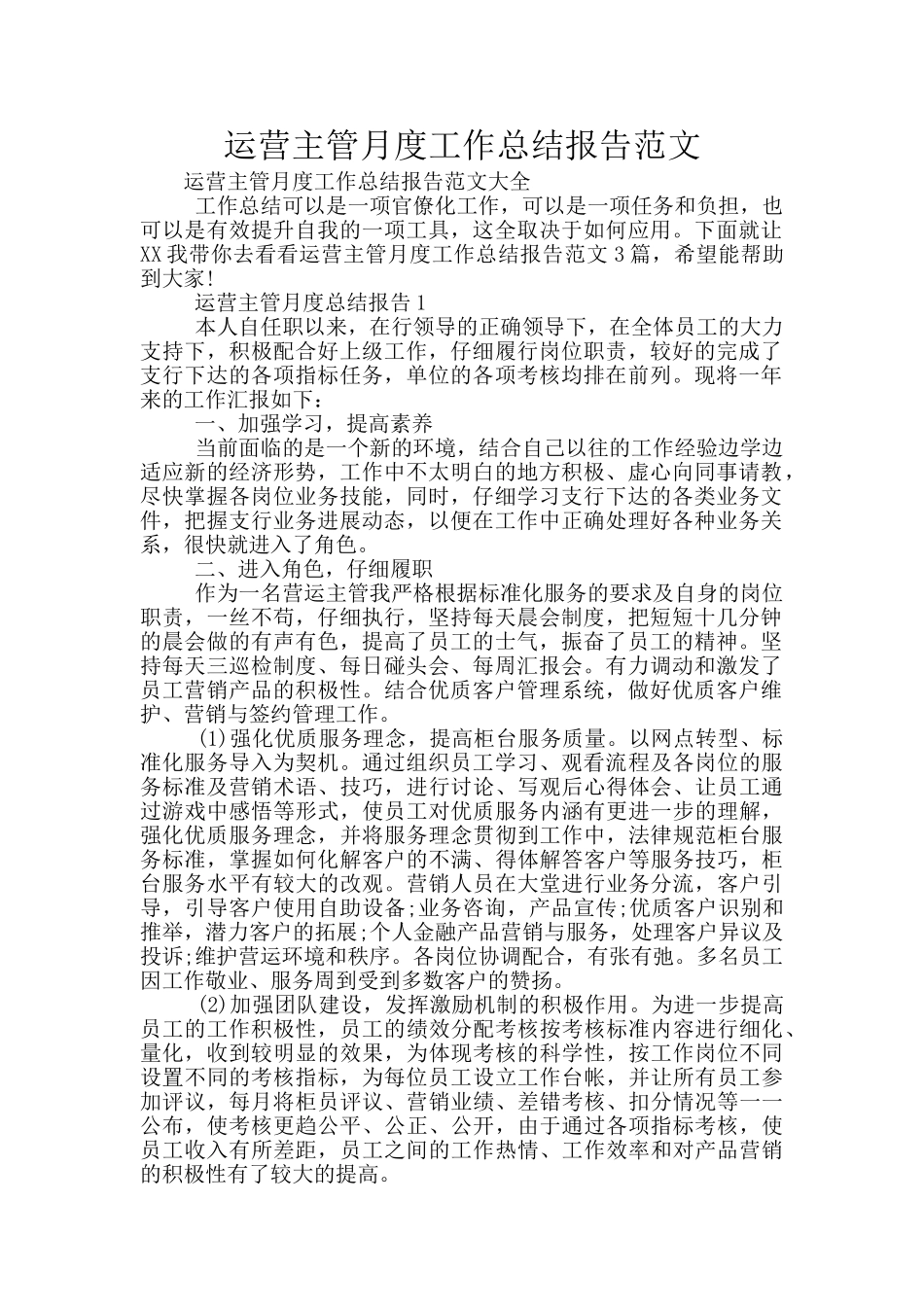 运营主管月度工作总结报告范文_第1页