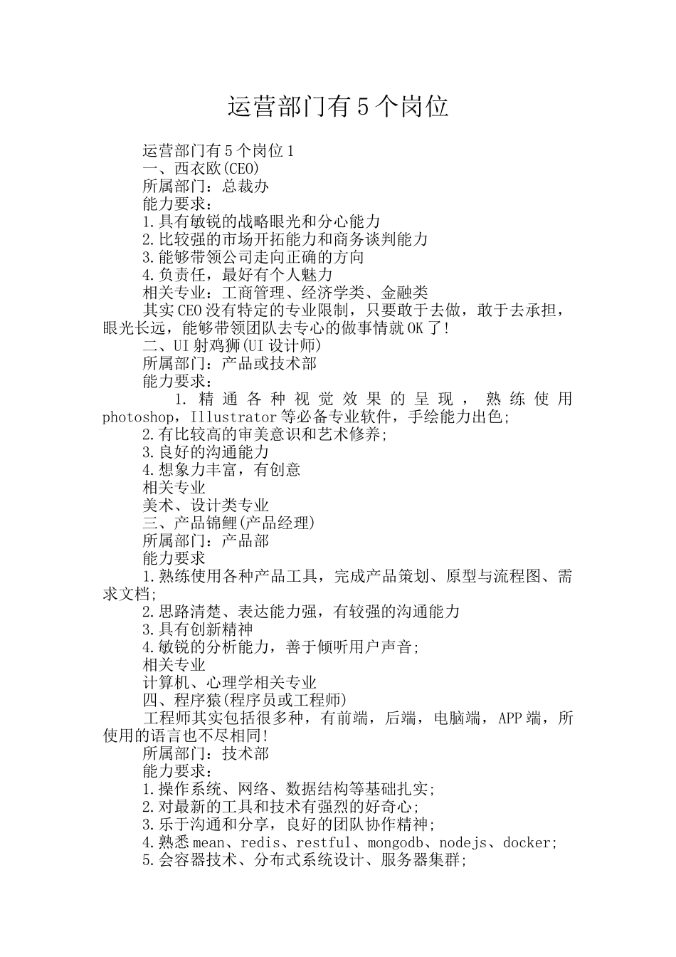 运营部门有5个岗位_第1页