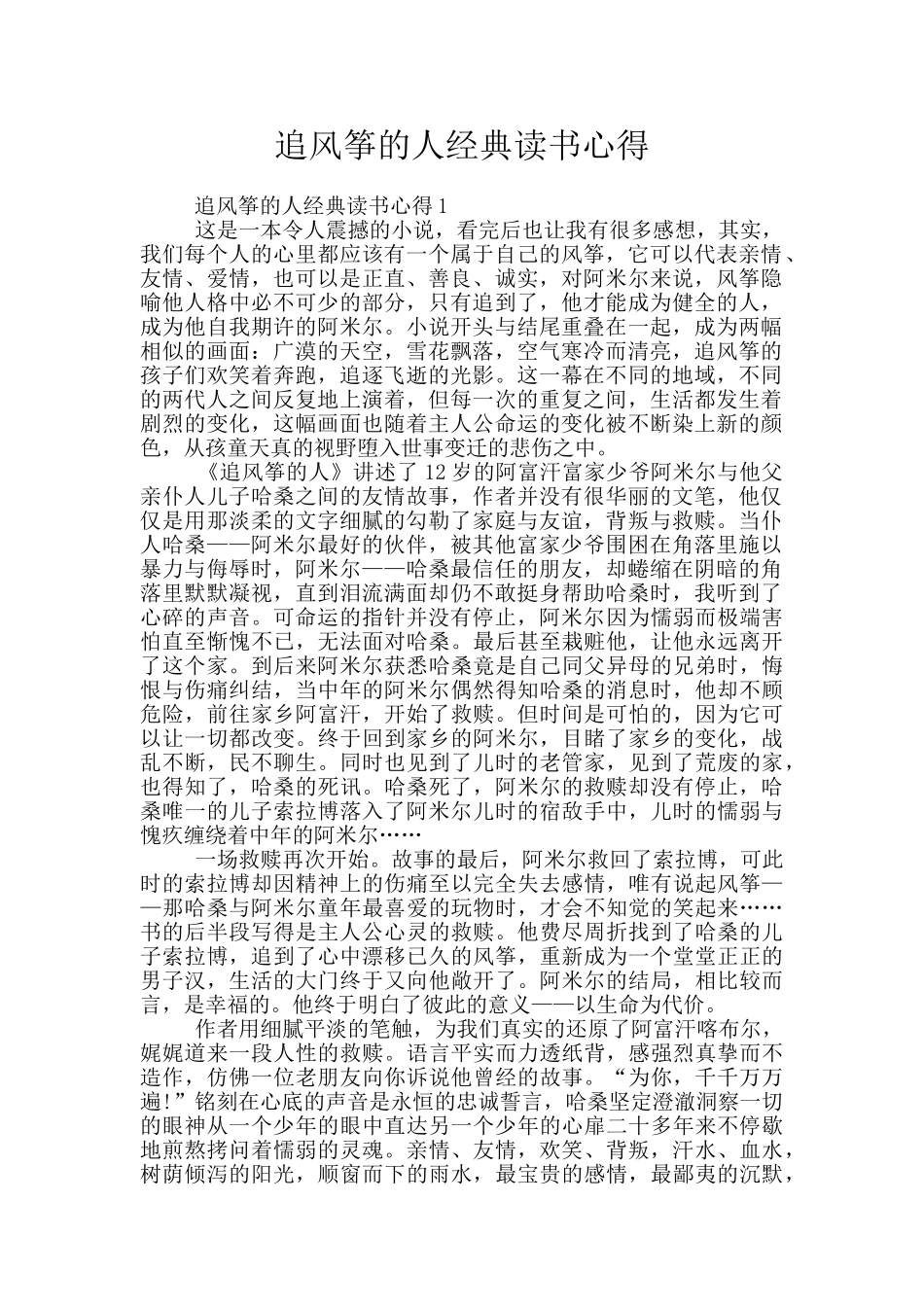 追风筝的人经典读书心得_第1页