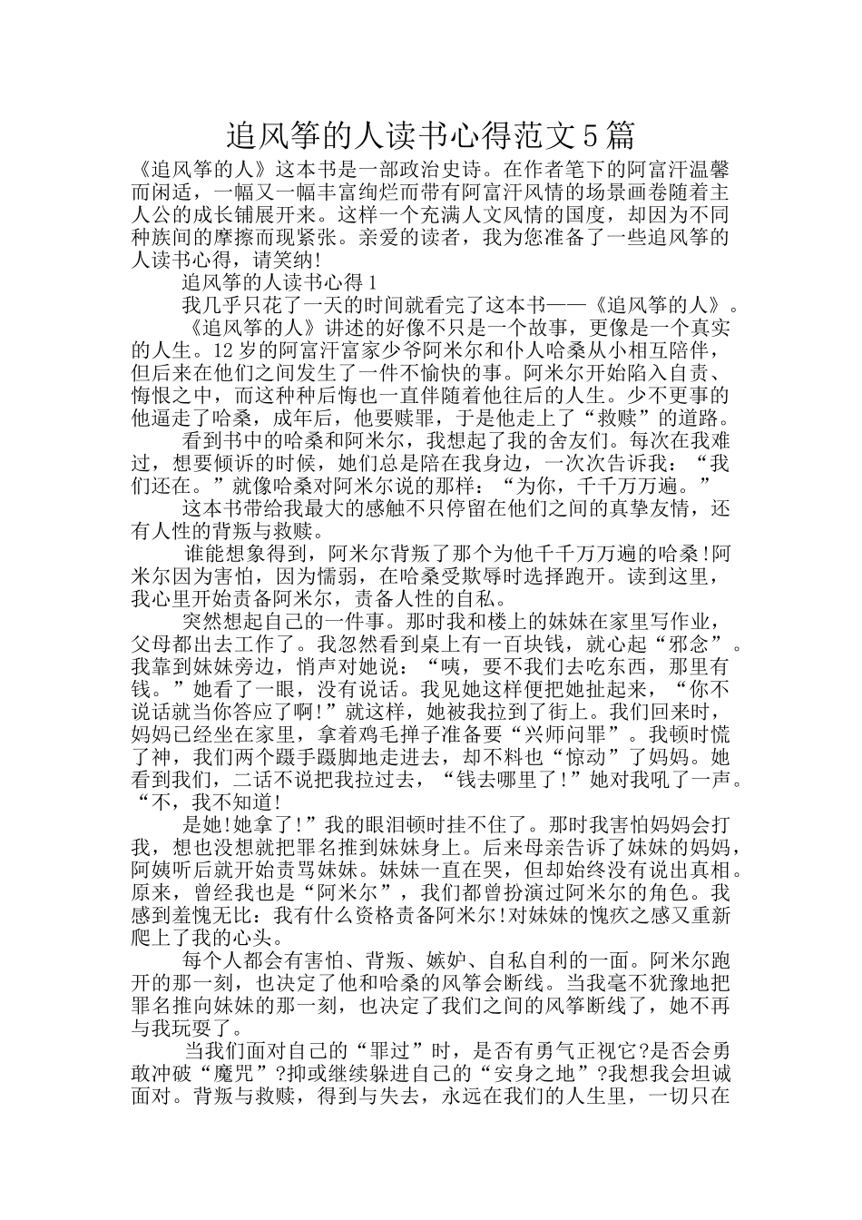 追风筝的人读书心得范文5篇_第1页