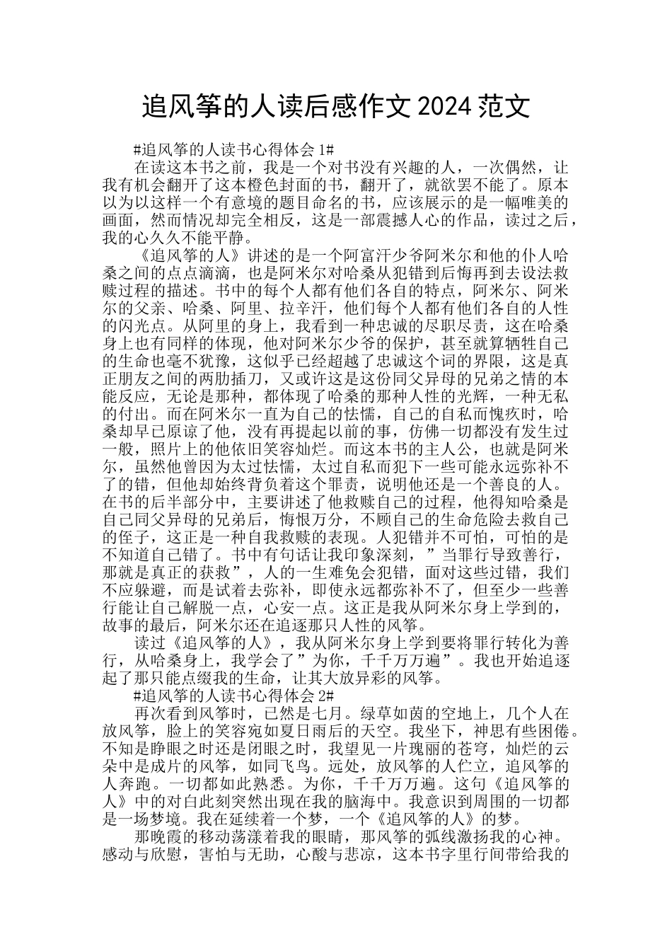 追风筝的人读后感作文2024范文_第1页