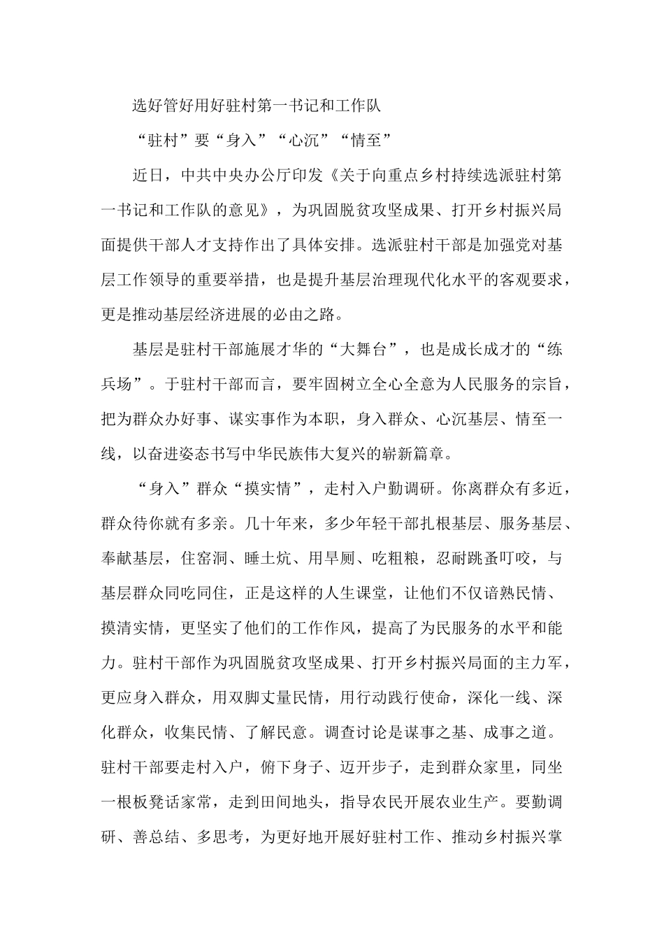 选好用好驻村第一书记、工作队感想六篇_第3页