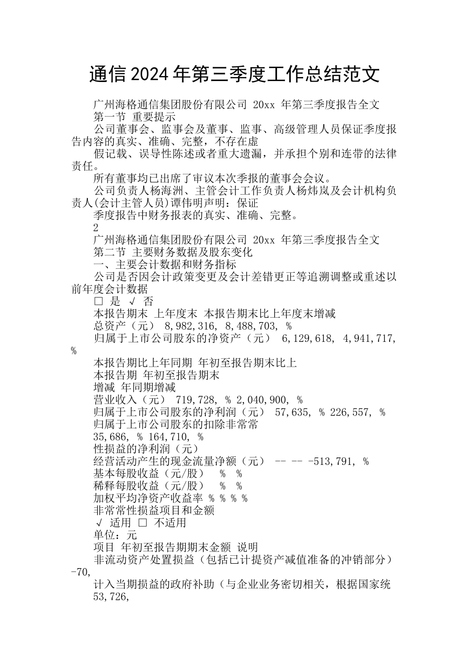 通信2024年第三季度工作总结范文_第1页