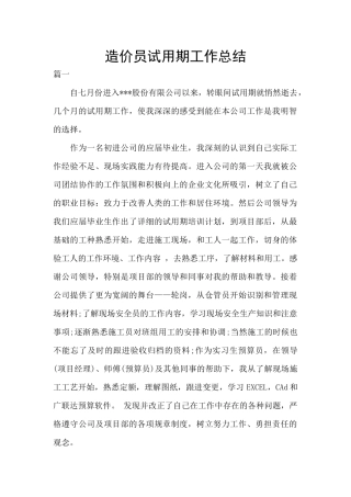 造价员试用期工作总结