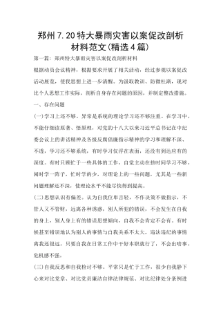 郑州7.20特大暴雨灾害以案促改剖析材料范文