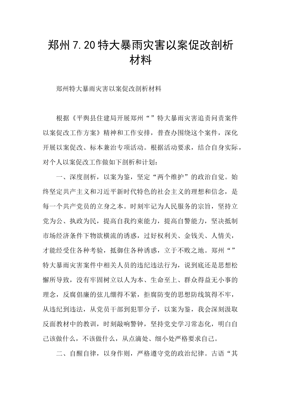 郑州7.20特大暴雨灾害以案促改剖析材料_第1页