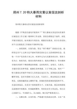 郑州7.20特大暴雨灾害以案促改剖析材料