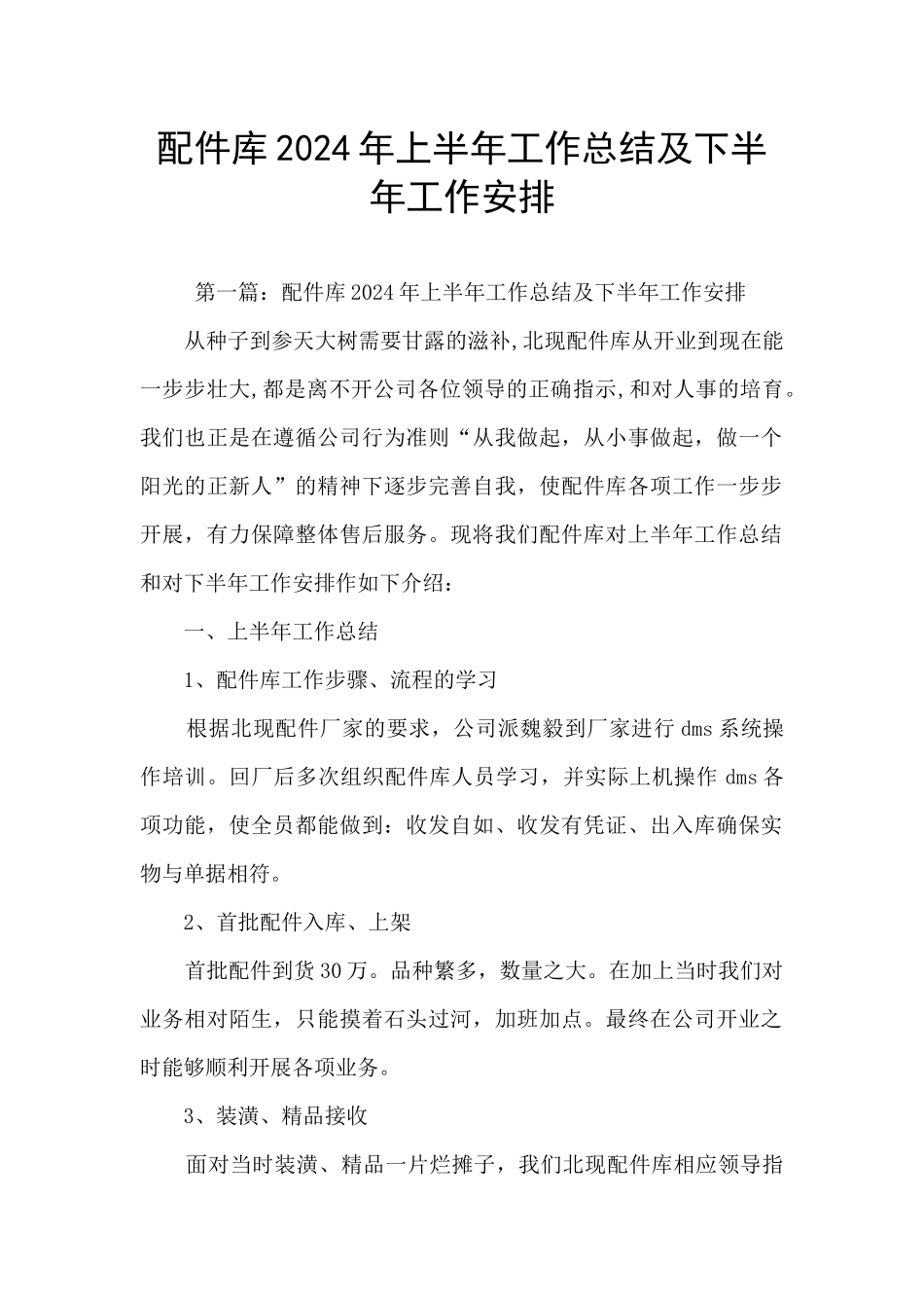 配件库2024年上半年工作总结及下半年工作安排_第1页