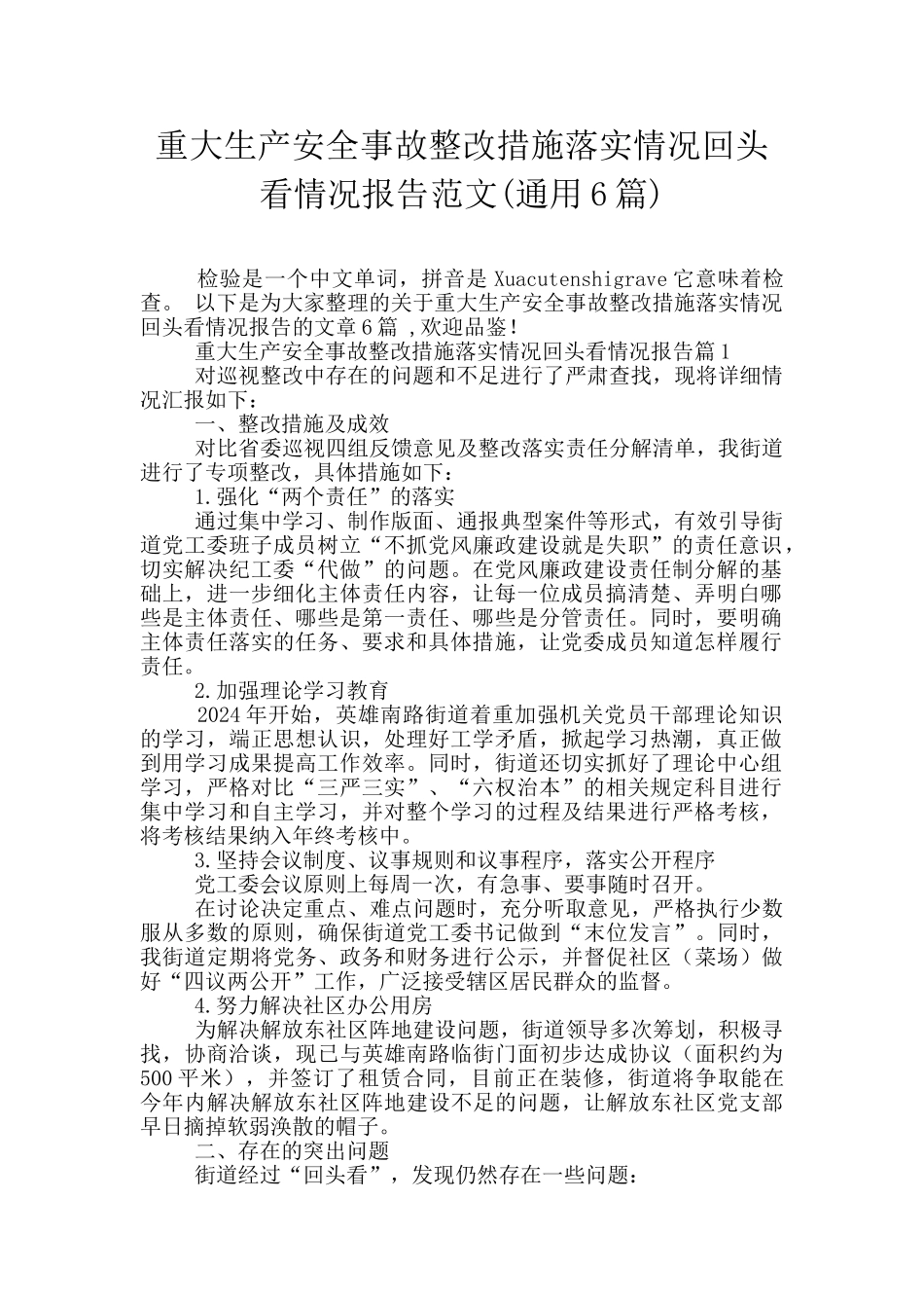 重大生产安全事故整改措施落实情况回头看情况报告范文_第1页