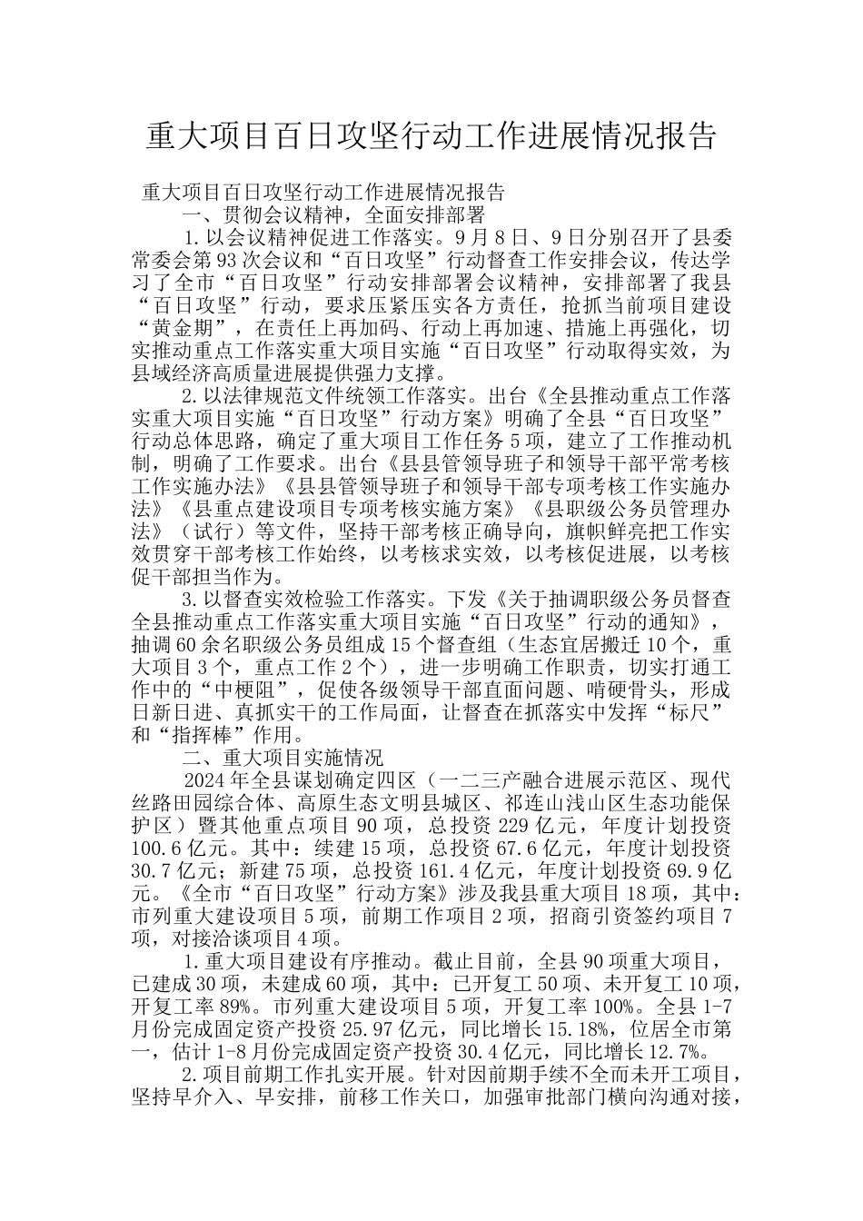 重大项目百日攻坚行动工作进展情况报告_第1页