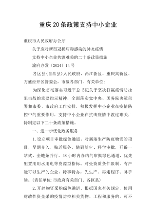 重庆20条政策支持中小企业
