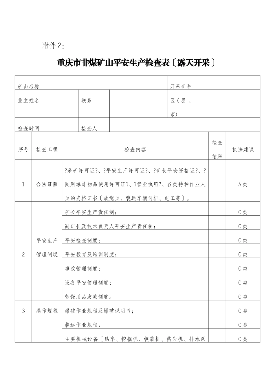 重庆市非煤矿山安全生产执法检查表_第1页