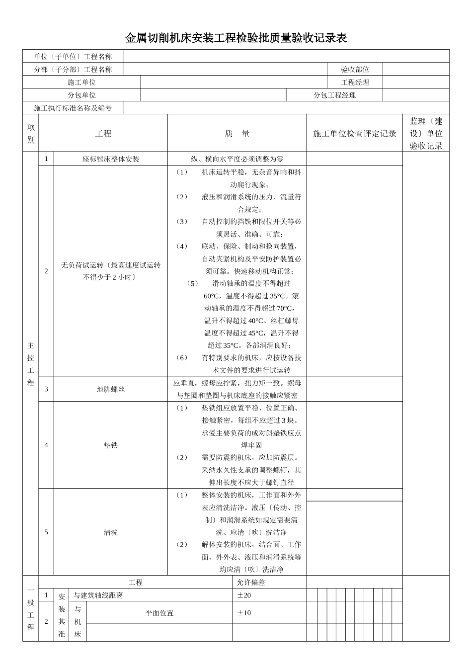金属切削机床安装工程检验批质量验收记录表_第1页
