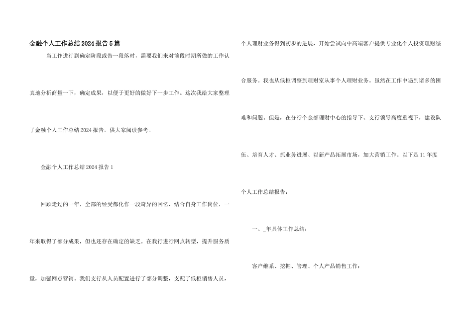 金融个人工作总结2024报告5篇_第1页