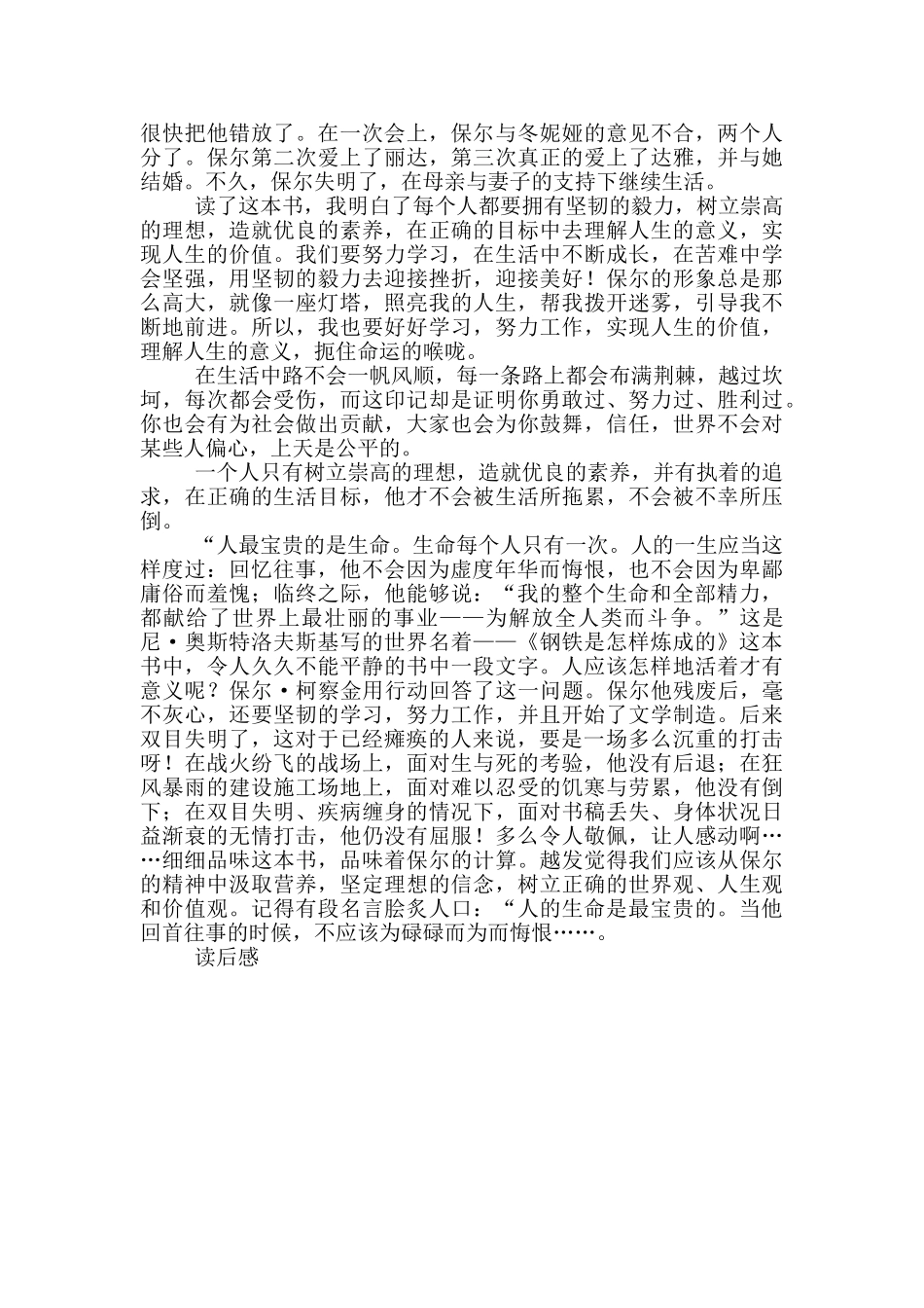 钢铁是怎样炼成的读后感500字范文_第3页