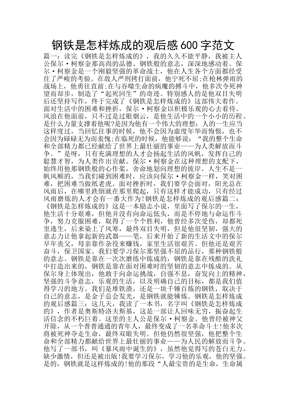 钢铁是怎样炼成的观后感600字范文_第1页