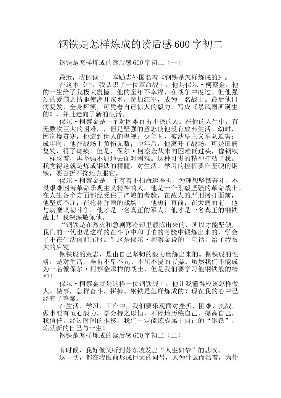 钢铁是怎样炼成的读后感600字初二_第1页