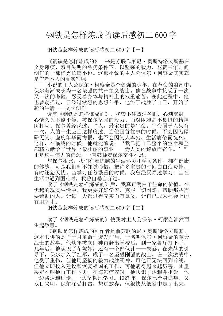 钢铁是怎样炼成的读后感初二600字_第1页
