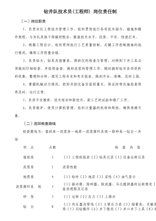 钻井队技术员工程师岗位责任制