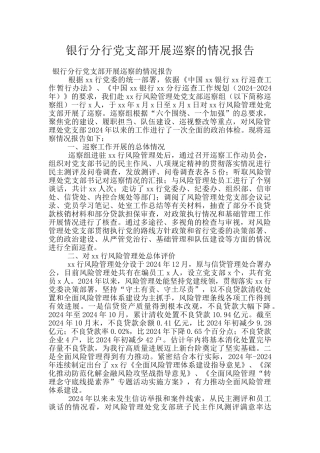银行分行党支部开展巡察的情况报告