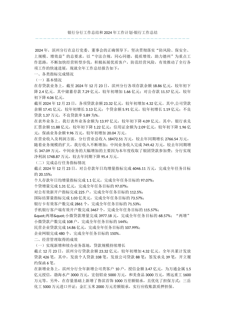 银行分行工作总结和2024年工作计划_第1页