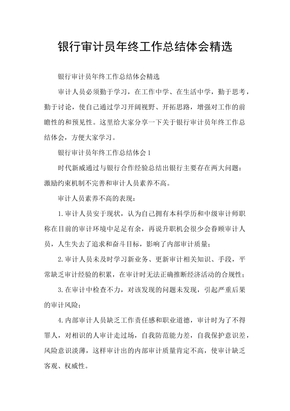 银行审计员年终工作总结体会精选_第1页