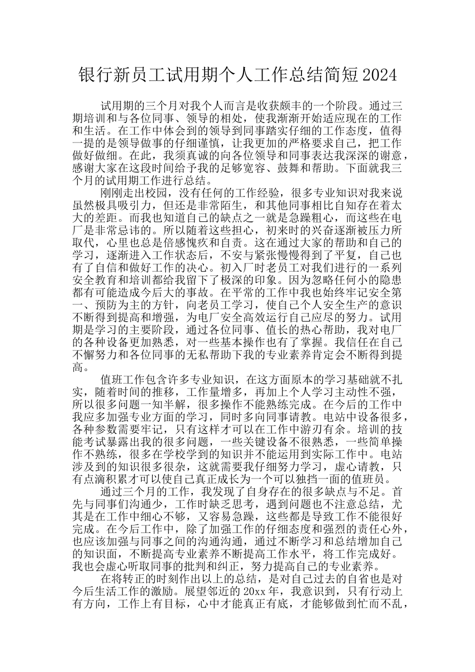 银行新员工试用期个人工作总结简短2024_第1页