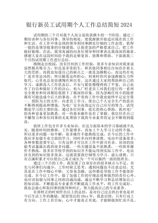 银行新员工试用期个人工作总结简短2024