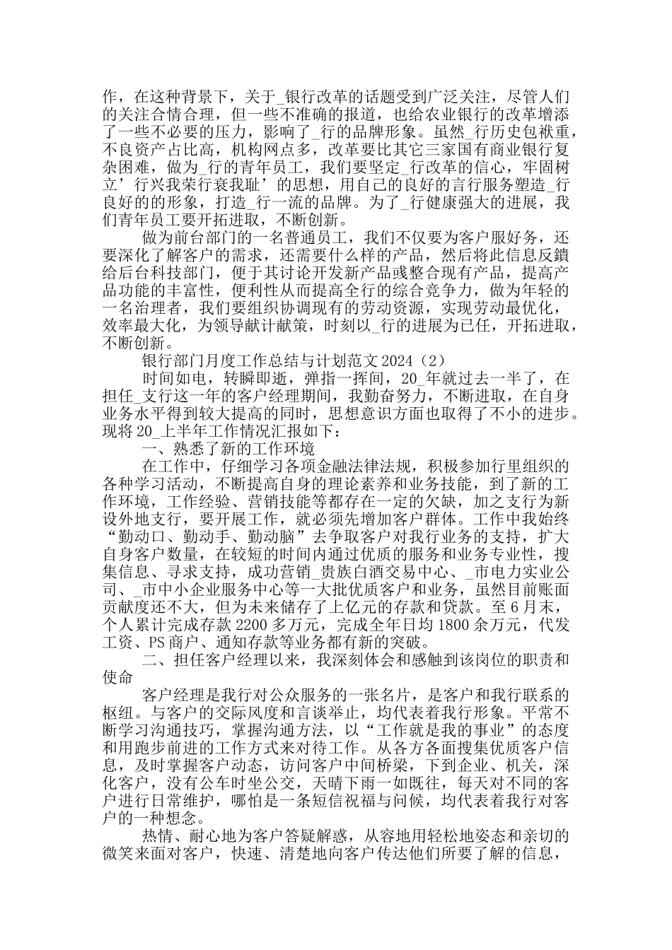 银行部门月度工作总结与计划范文2024_第2页