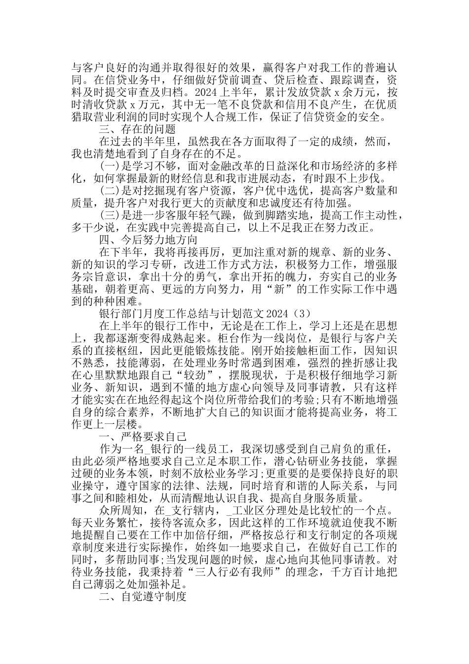 银行部门月度工作总结与计划范文2024_第3页