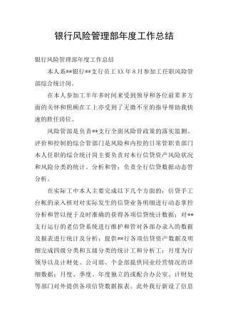 银行风险管理部年度工作总结