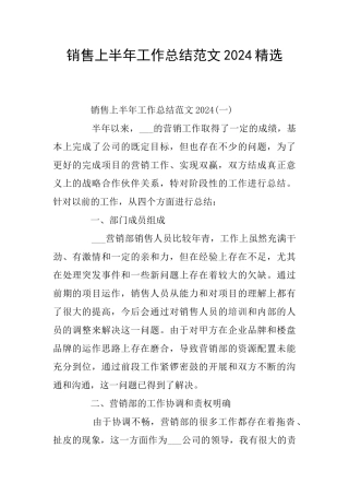 销售上半年工作总结范文2024精选
