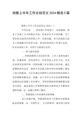 销售上半年工作总结范文2024精选5篇