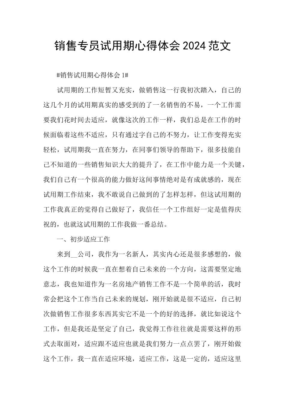 销售专员试用期心得体会2024范文_第1页