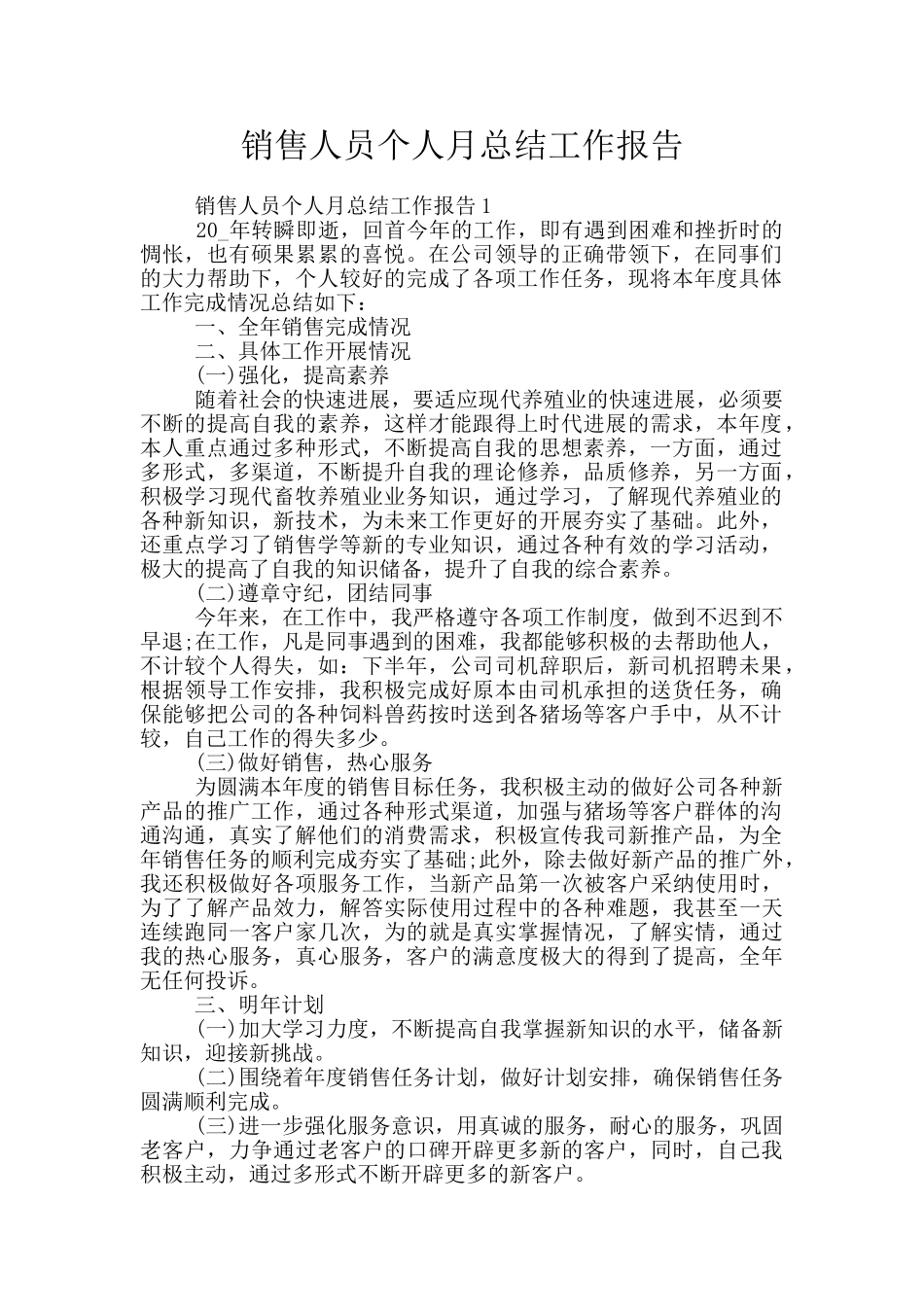 销售人员个人月总结工作报告_第1页