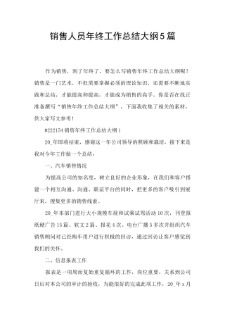 销售人员年终工作总结大纲5篇