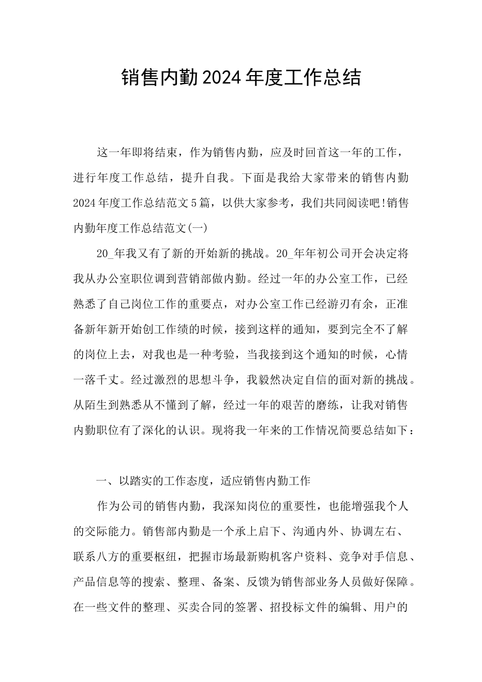 销售内勤2024年度工作总结_第1页