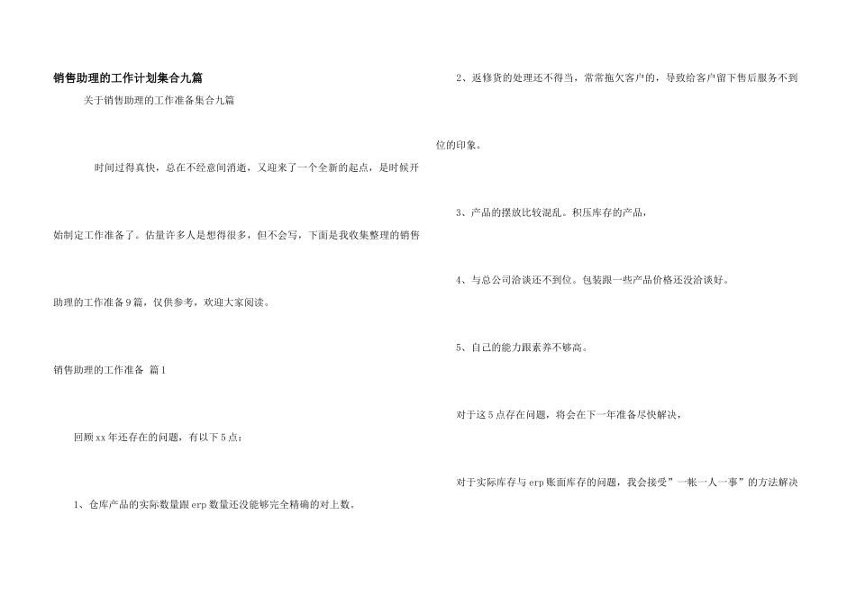 销售助理的工作计划集合九篇_第1页