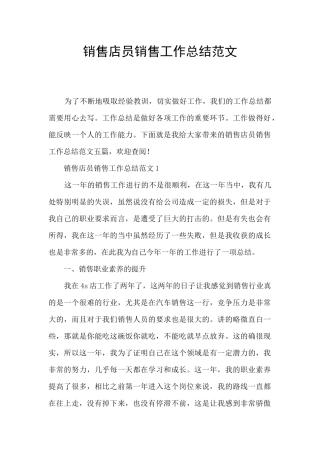 销售店员销售工作总结范文