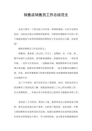 销售店销售员工作总结范文
